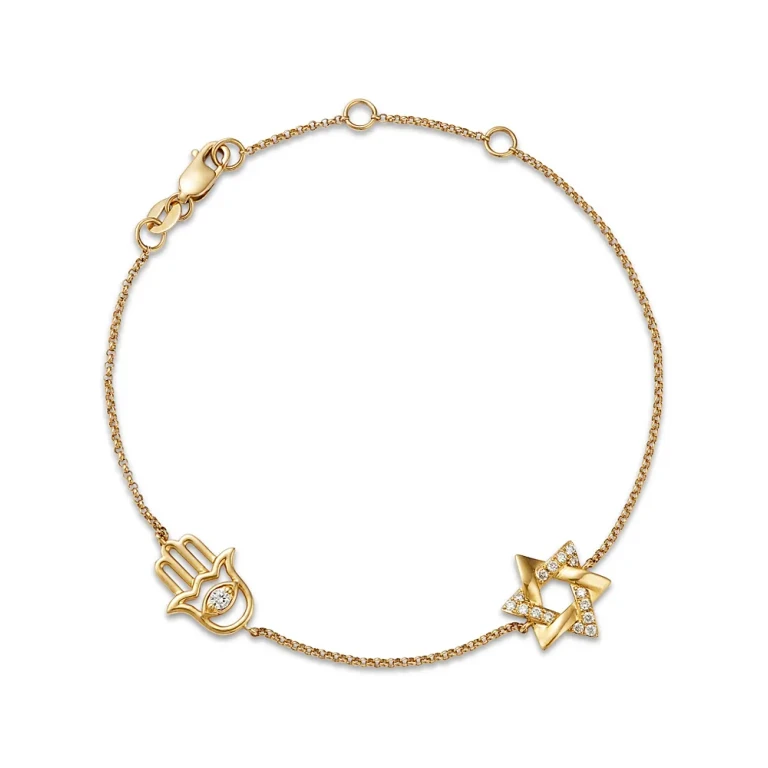 Diamond Hamsa Hand & Star of David Bracelet in 14K Yellow Gold, 0.15 tcw