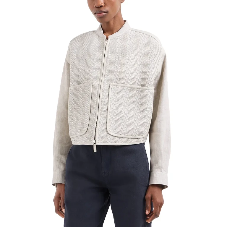 Emporio Armani Woven Nappa Leather & Linen Bomber Jacket with Oversize Front Pockets