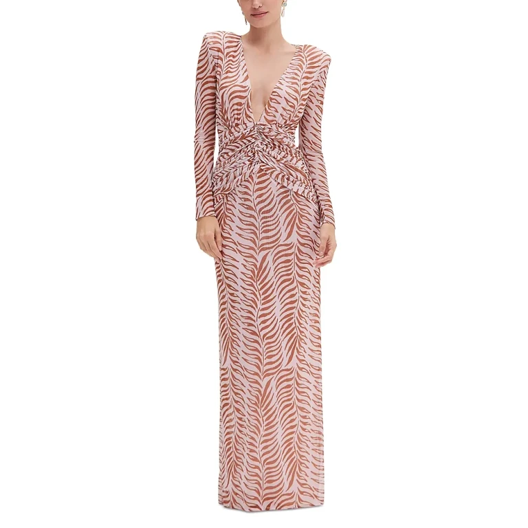 PatBO Printed Long Sleeve Deep V Maxi Dress