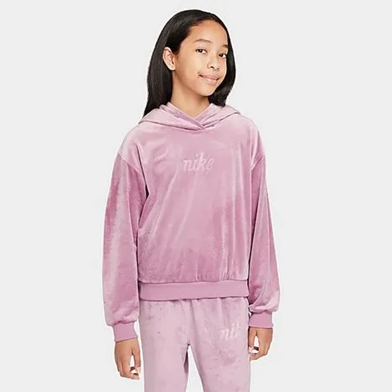 Nike Girls' Big Kids Sportswear Velour Pullover Hoodie in Plum Dust/Platinum Violet Size: XS