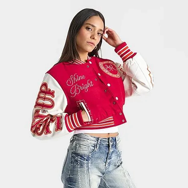 Smoke Rise Women's Shine Bright Varsity Jacket in True Red Size: XS