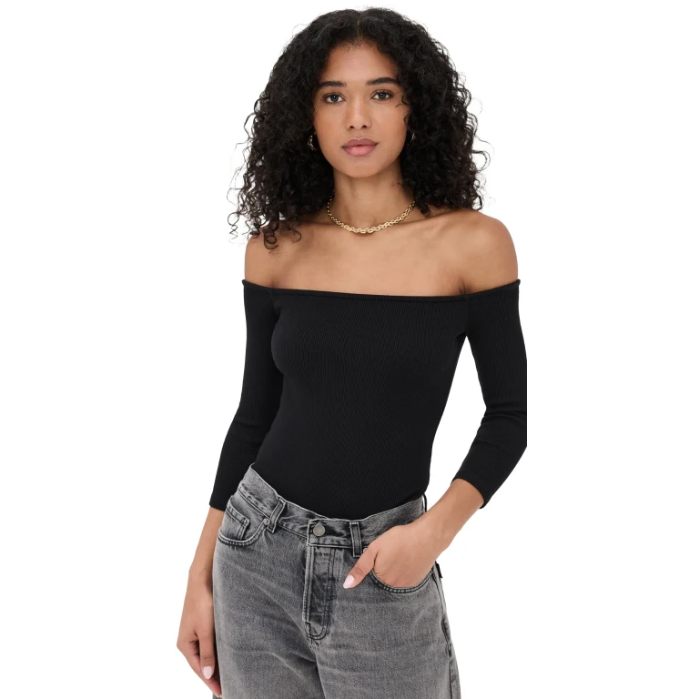 L'AGENCE Evelyn 3/4 Off Shoulder Thong Bodysuit Black XL