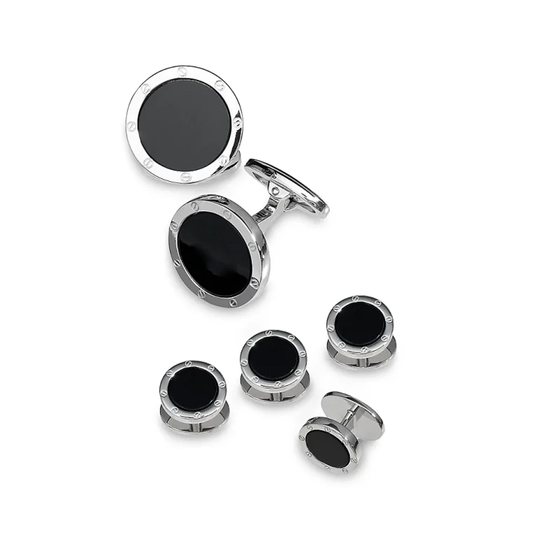 Round Rivet Etched Sterling Silver & Onyx Stud & Cufflink Set