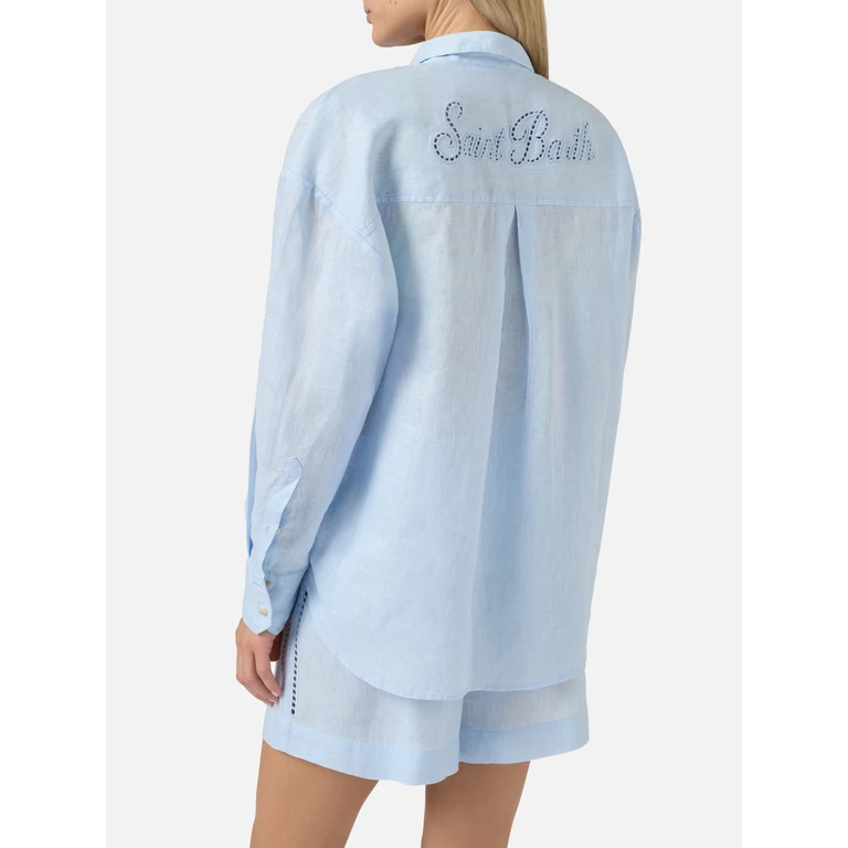 Mc2 Saint Barth Light Blue Linen Cristal Shirt With Perforated Saint Barth Embroidery - Women