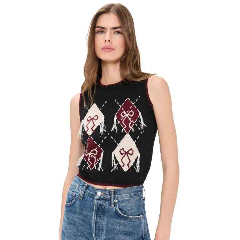 Another Girl Bow Argyle Knitted Tank Black XS