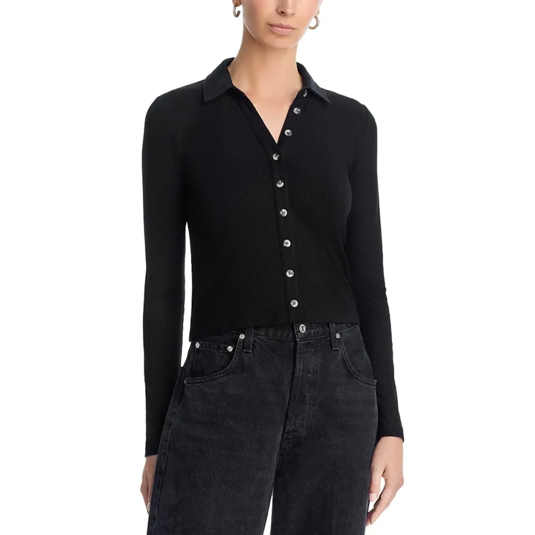 perfectwhitetee Amee Luxe Rib Long Sleeve Button Polo
