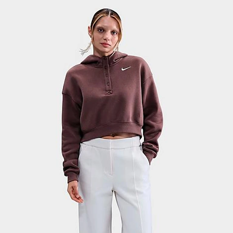 Nike Women's Sportswear Phoenix Fleece Oversized Cropped Henley Hoodie in Tattoo/Sail Size: XS