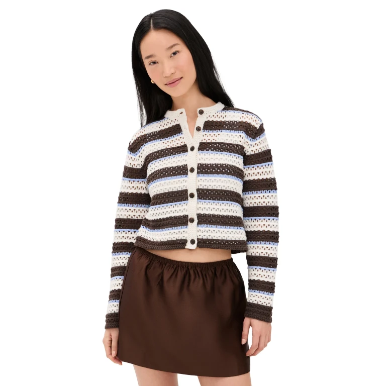 Madewell Striped Crochet Cardigan Sweater Ivory And Brown Multi Stripe M