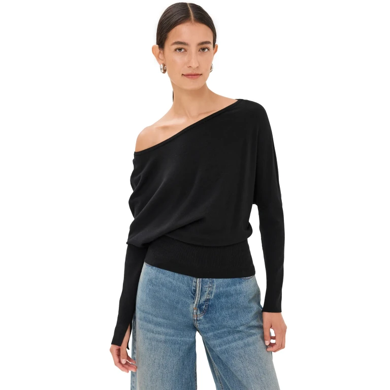 SIMKHAI Lavina Draped Off Shoulder Sweater Midnight XL