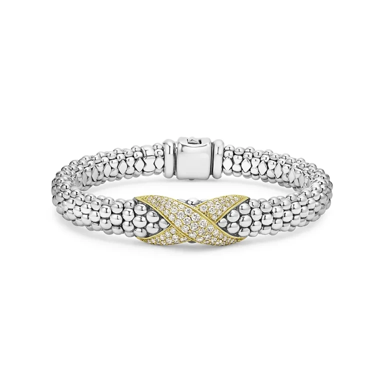 Lagos 18K Yellow Gold & Sterling Silver Embrace Diamond Pave X Caviar Bead Bracelet