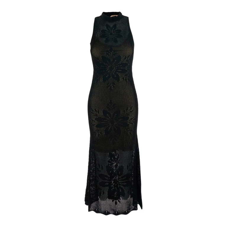 TwinSet Long Dress knitted Dress Black With V-neck And Long Sleeves In Viscose Women