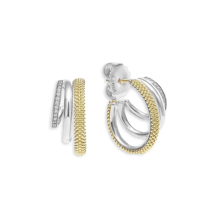 Lagos Two Tone Caviar Lux Three Ring Diamond Hoop Earrings, 0.16 tcw