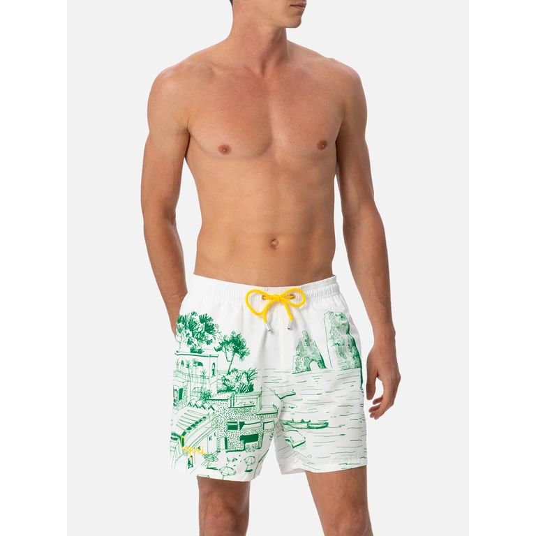 Mc2 Saint Barth Mid-Length Gustavia Swim-Shorts With Faraglioni Placed Print White Swimshort - Men