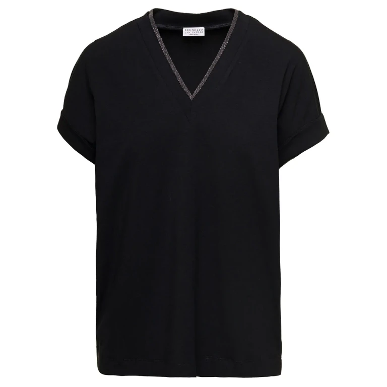 Brunello Cucinelli Black T-shirt With Monile Detail And V-neck In Stretch Cotton For Women