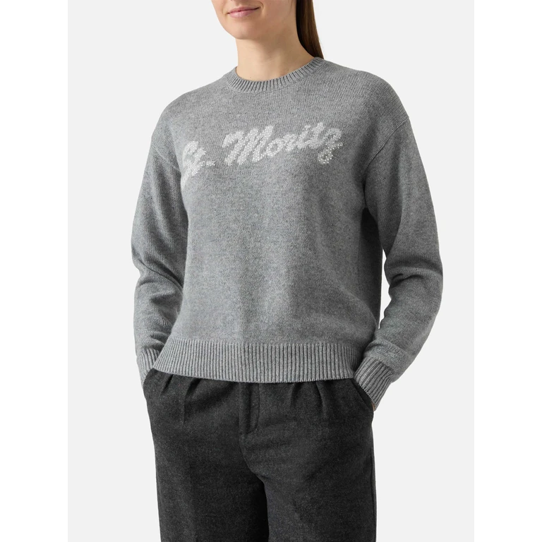 Mc2 Saint Barth Grey Crewneck Louise With St. Moritz Rhinestones Embellishment Top Of The World Special Edition - Women