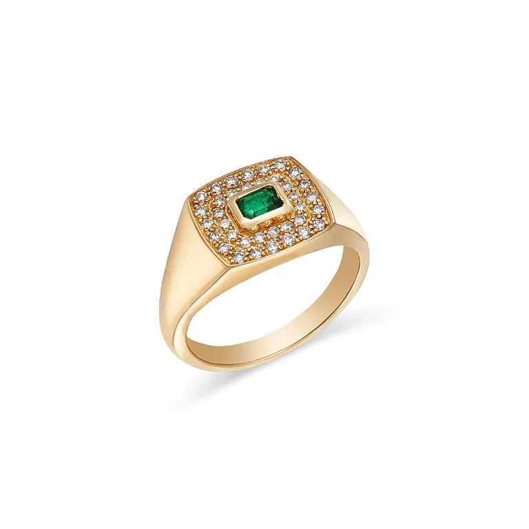Emerald & Diamond Signet Ring in 14K Yellow Gold