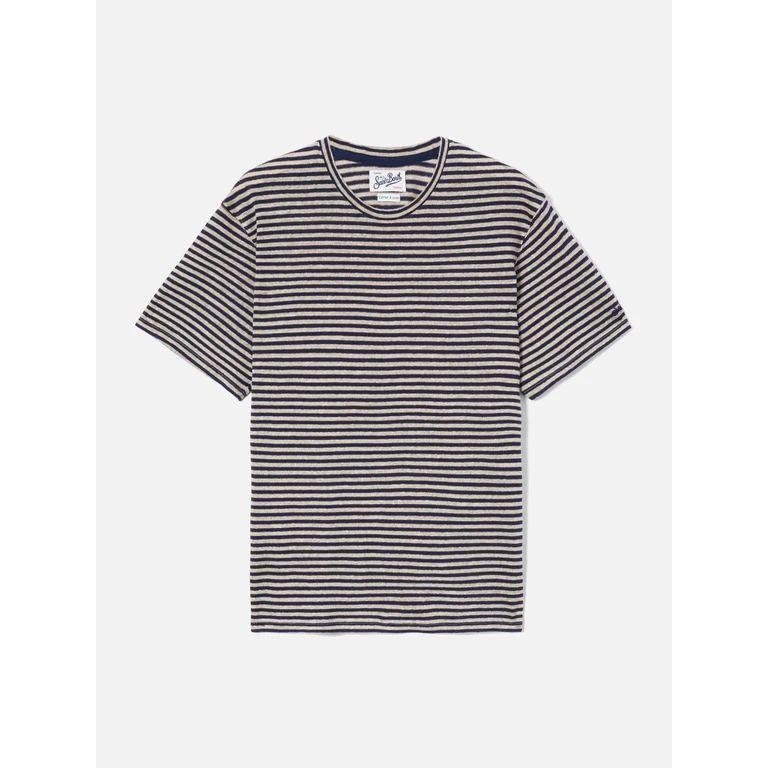 Mc2 Saint Barth Blue Striped Dover Cotton T-Shirt With Logo Embroidery - Men
