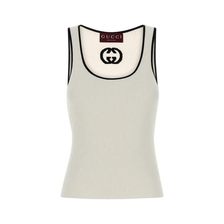 Gucci White Viscose Blend Tank Top Naturalblack Exterior: Polyester Maglie - Women