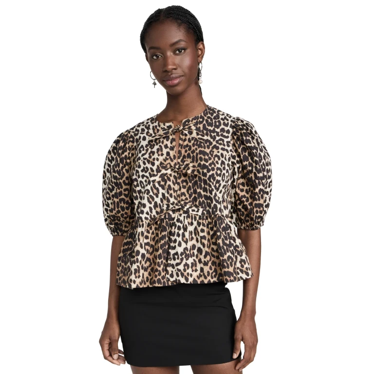 Ganni Leopard Tie Front Cotton Peplum Blouse