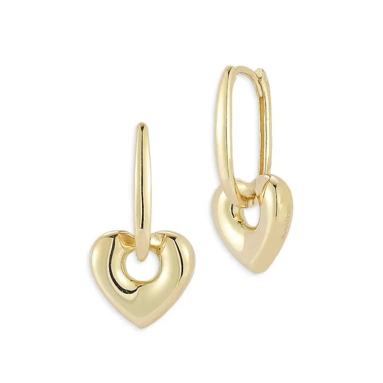Puffed Heart Drop Earrings in 14K Yellow Gold
