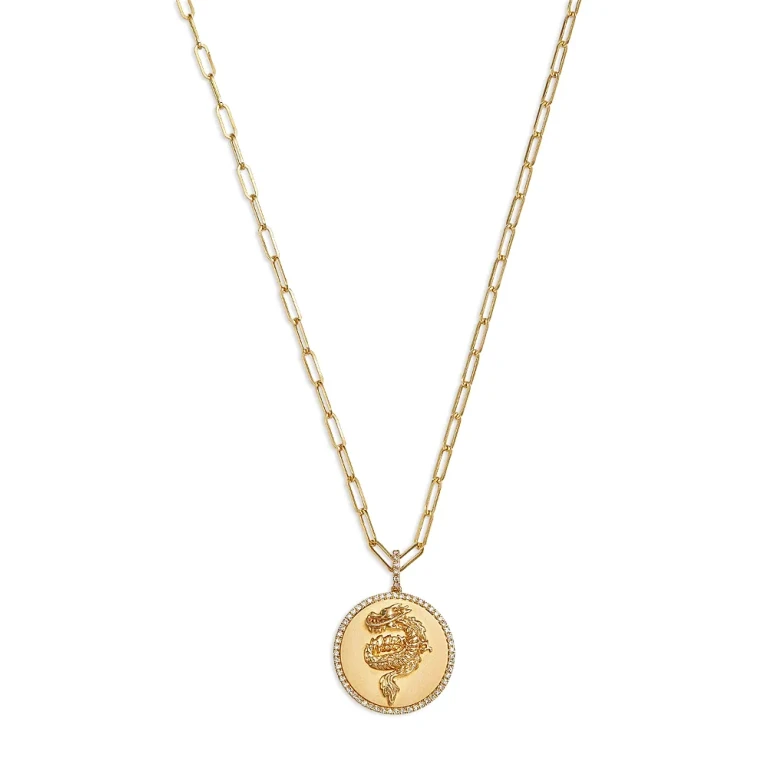Diamond Dragon Disc Pendant Necklace in 14K Yellow Gold, 0.23 tcw