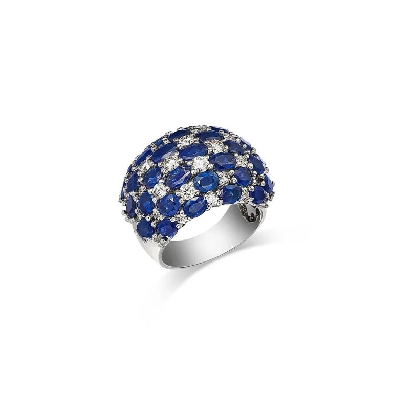 Blue Sapphire & Diamond Checkerboard Cluster Ring in 14K White Gold