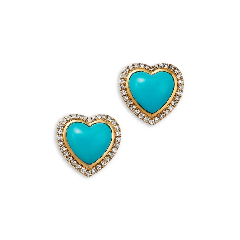 Turquoise & Diamond Heart Stud Earrings in 14K Yellow Gold