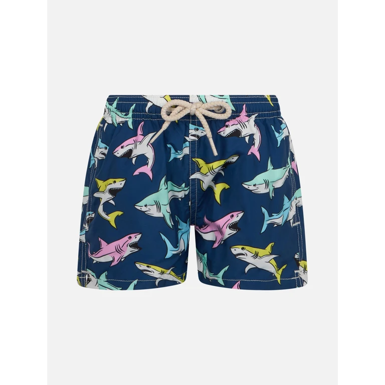Mc2 Saint Barth Boy Lightweight Fabric Swim-Shorts Jean Lighting With Sharks Print Blue Swimshort