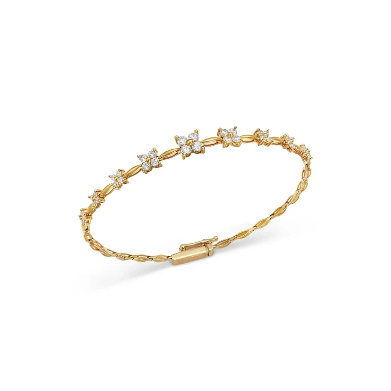 Diamond Flower Quad Cluster Graduated Station Bracelet in 14K Yellow Gold, 1.0 tcw