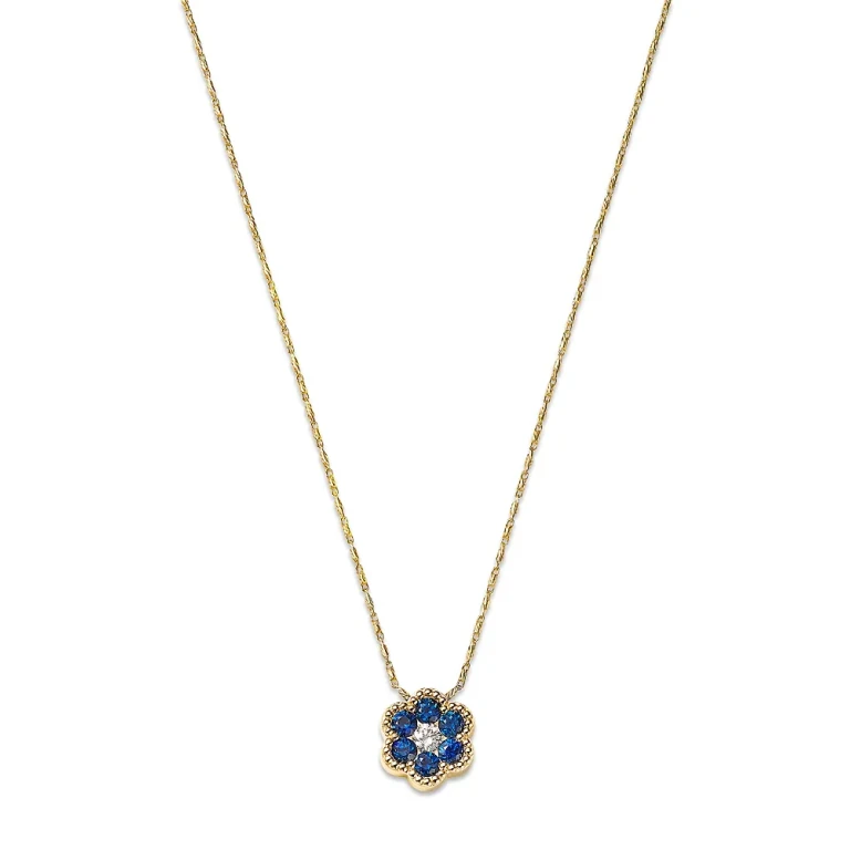Blue Sapphire & Diamond Flower Pendant Necklace in 14K Yellow Gold, 18