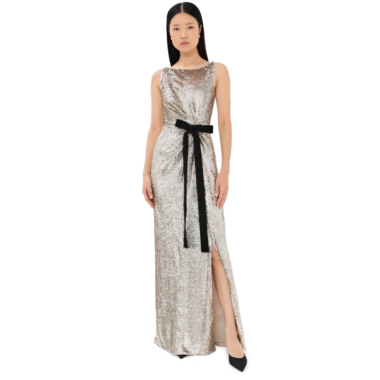 SIMKHAI Felicity Gown with Bow Tie Gold Multi 8