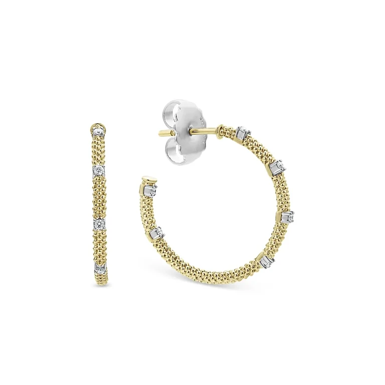 Lagos 18K White & Yellow Gold Caviar Diamond Hoop Earrings