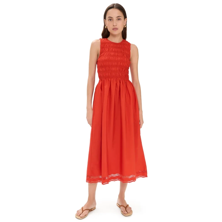 Madewell The Embroidered Melody Smocked Midi Dress Jet Black M