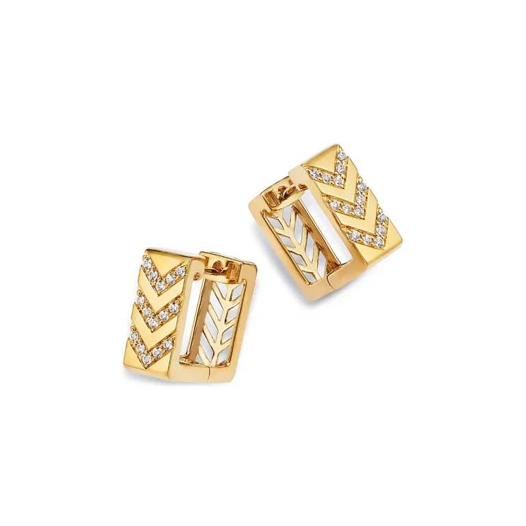 Diamond Chevron Square Huggie Hoop Earrings in 14K Yellow Gold, 0.16 tcw