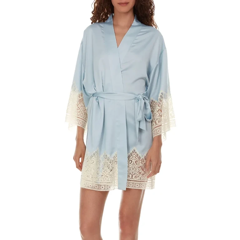 Flora Nikrooz Genevive Embroidered Lace Charmeuse Kimono Robe