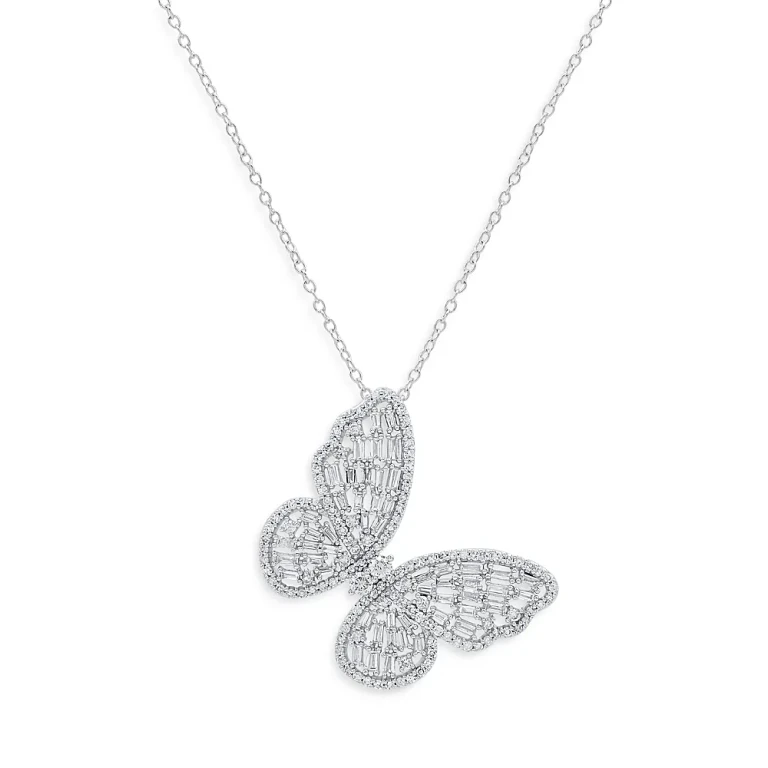 Diamond Round & Baguette Butterfly Pendant Necklace in 14K White Gold, 1.0 tcw