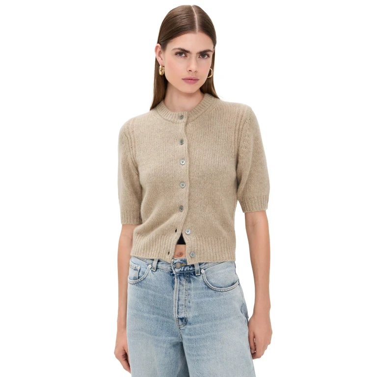 White & Warren Cashmere Elbow Sleeve Cardigan Taupe Heather L