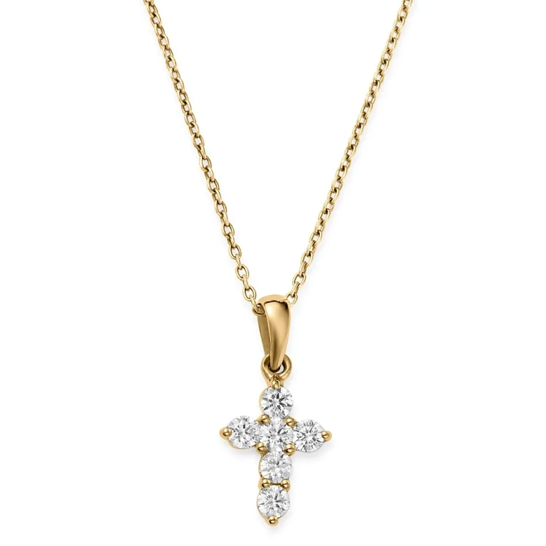 Diamond Mini Cross Pendant Necklace in 14K Yellow Gold, 0.25 tcw