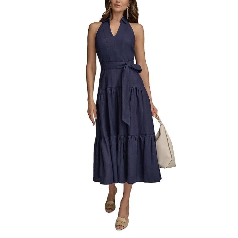 Donna Karan Linen Blend Halter A Line Dress