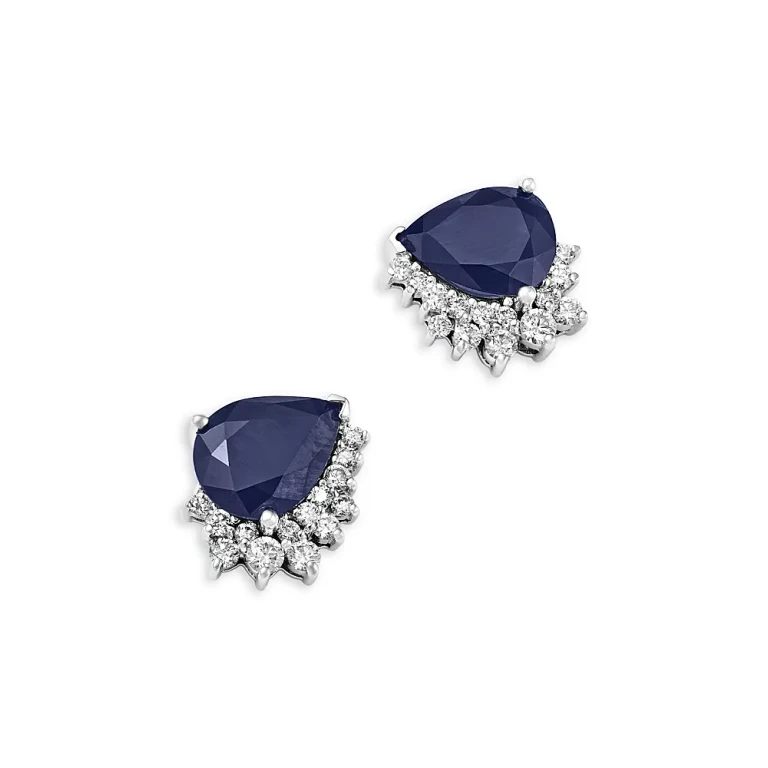 Blue Sapphire & Diamond Pear Swirl Stud Earrings in 14K White Gold