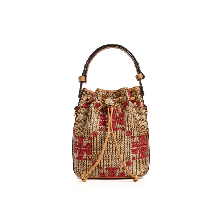 Tory Burch T Monogram Straw Mini Bucket Bag Natural One Size