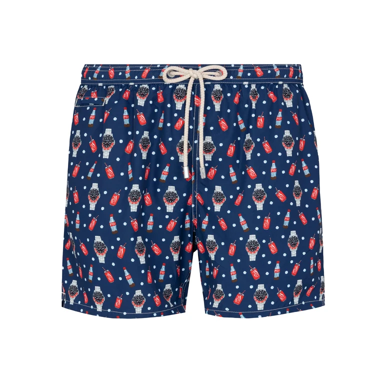 Mc2 Saint Barth Lightweight Fabric Swim Shorts Lighting With Watch Print Blue Swimshort - Men