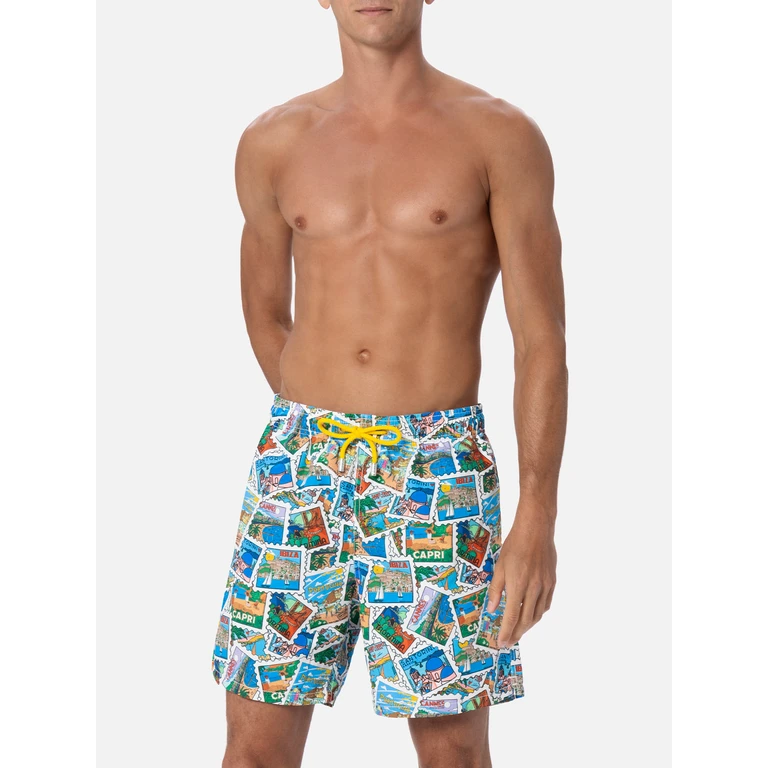 Mc2 Saint Barth Mid-Length Gustavia Swim-Shorts With Postcard Print Alessandro Enriquez Special Edition White Swimshort - Men