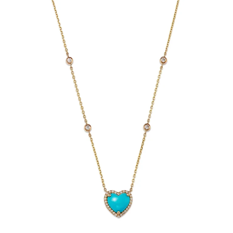 Turquoise & Diamond Heart Pendant Necklace in 14K Yellow Gold, 16-18