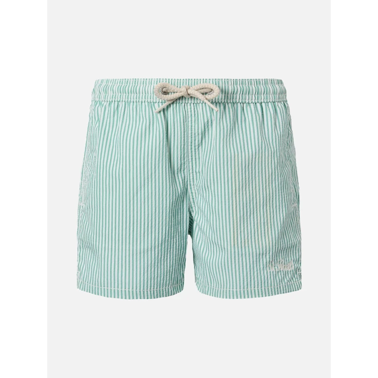 Mc2 Saint Barth Patmos Jr Sage Green Seersucker Striped Mid-Length Swim Shorts Swimshort