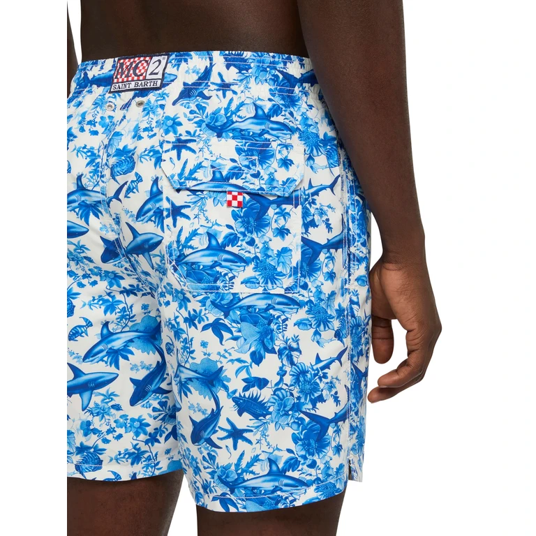 Mc2 Saint Barth Mid-Length Gustavia Swim-Shorts With Shark Print Ai Co-Created Design By Rickdick - Powered Red-Eye White Swimshort - Men