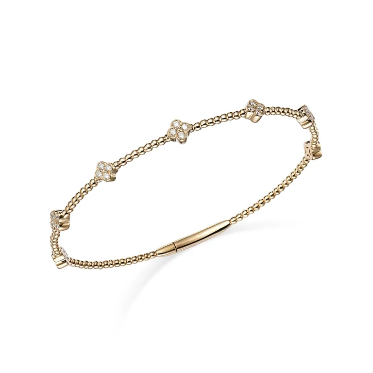 Diamond Cluster Beaded Bangle Bracelet in 14K Yellow Gold, 0.40 tcw