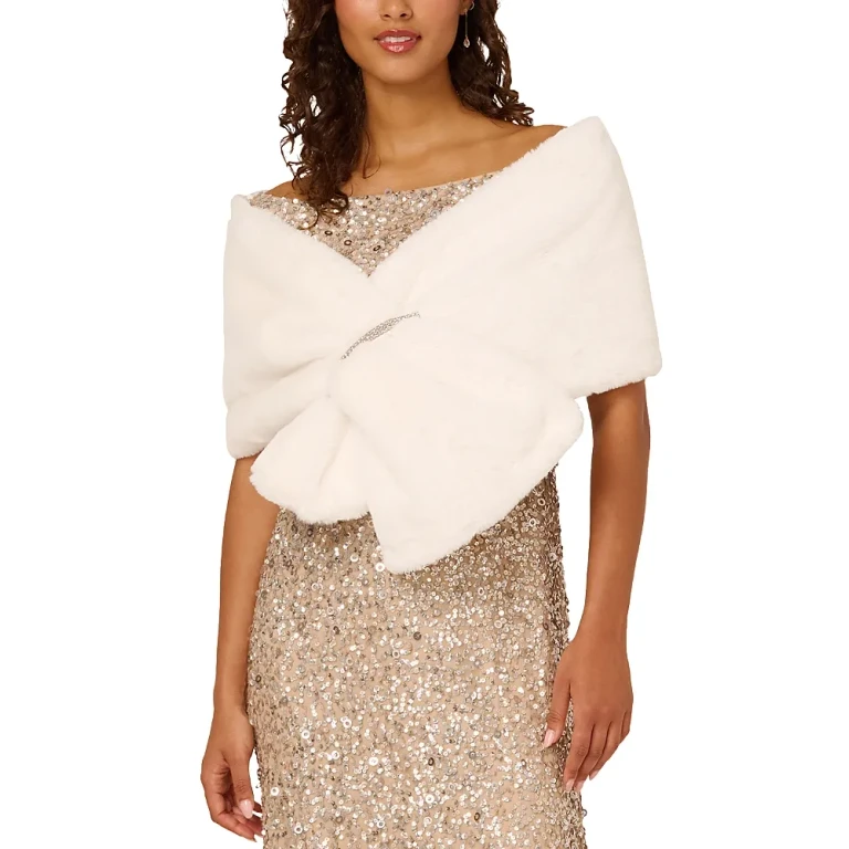 Adrianna Papell Faux Fur Shawl with Crystal Trim