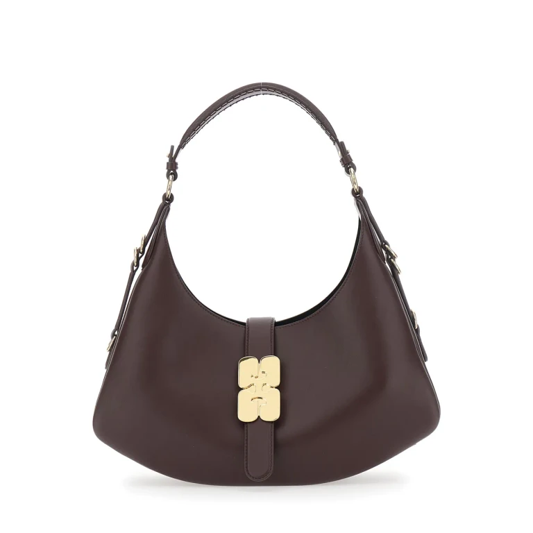 Ganni kat Small Brown Shoulder Bag With Adjustable Handle And Logo Plate On The Front In Leather Women