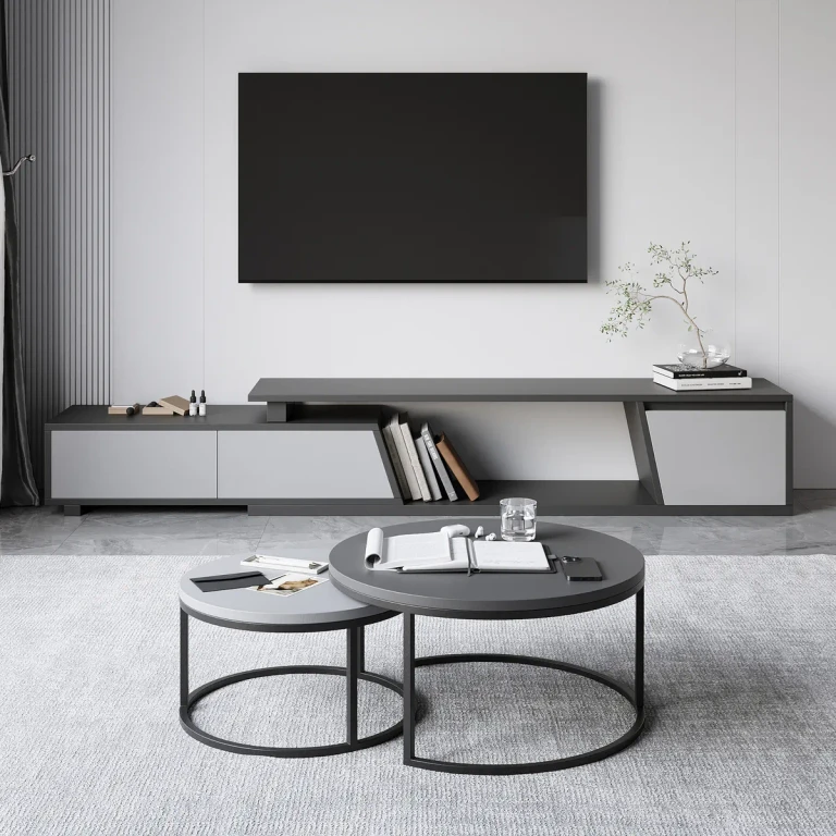 Living Room Cabinet Set Walnut Rectangle Extendable TV Stand & Round Nesting Coffee Table Set